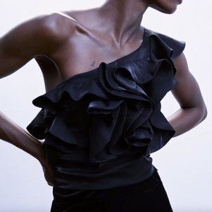 NWT! Mango Asymmetrical Ruffle Print Satin Blouse 2